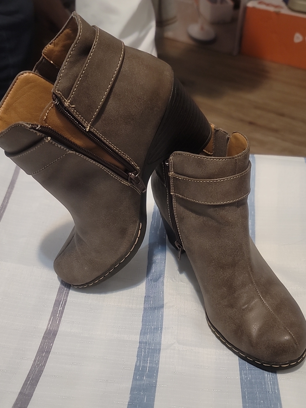Women's Taupe Suede Ankle Booties with Stacked Heel